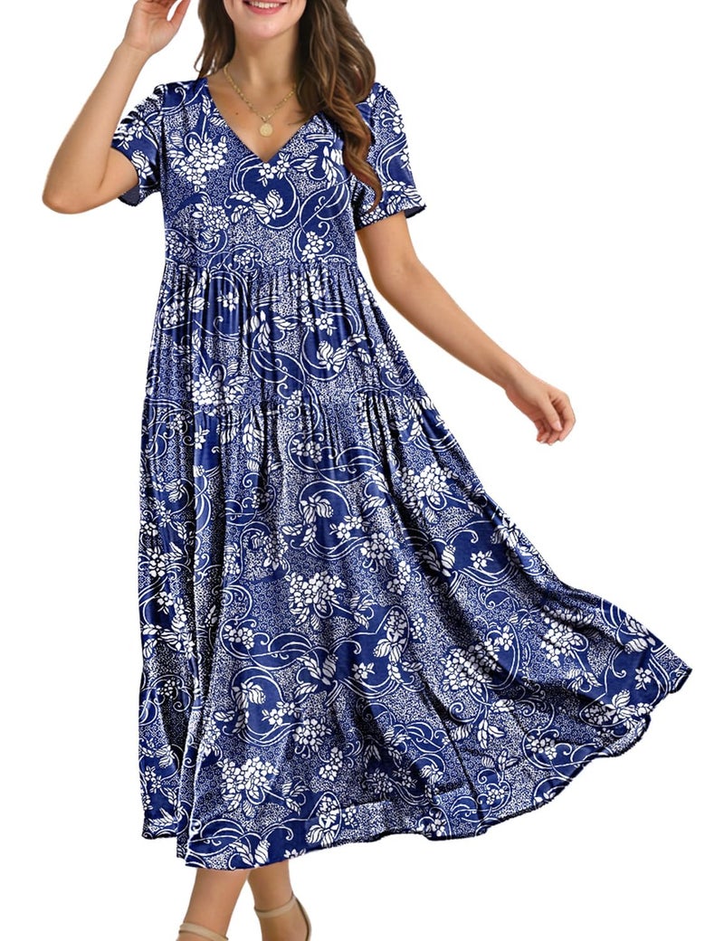 YESNO Women's Summer Maxi Dresses Casual Floral Short Sleeve V Neck Boho Beach Vacation Swing Dress with Pockets XL EVF CR488 - Image 1
