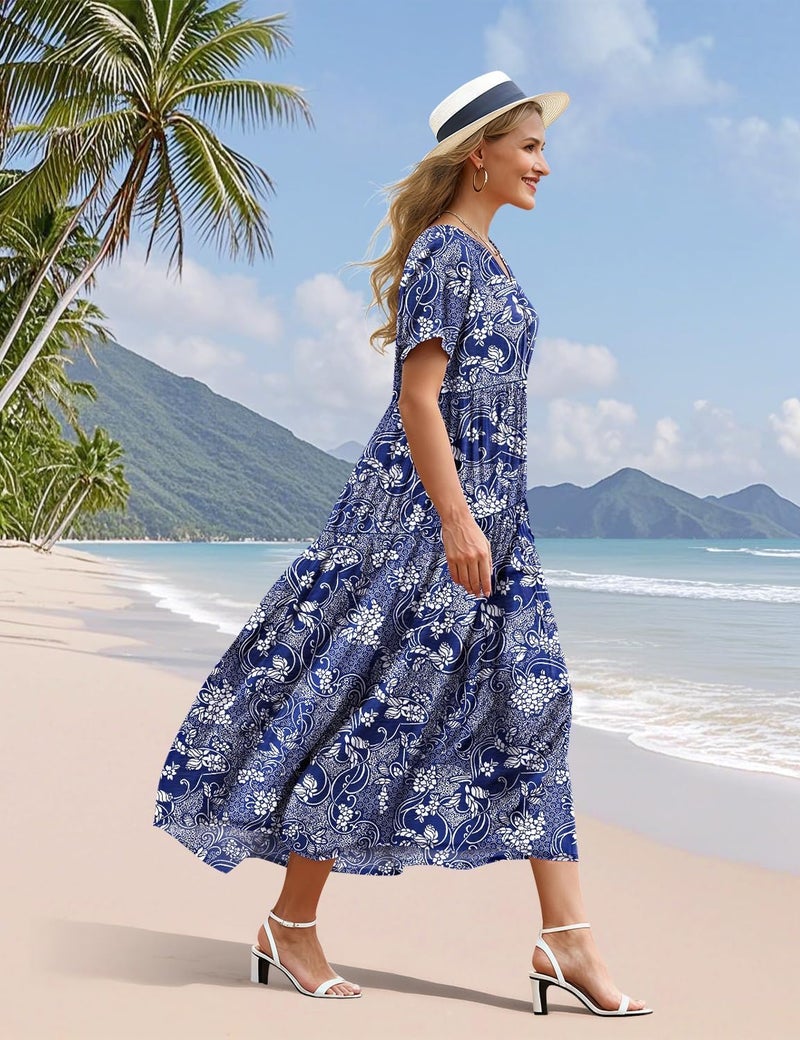 YESNO Women's Summer Maxi Dresses Casual Floral Short Sleeve V Neck Boho Beach Vacation Swing Dress with Pockets XL EVF CR488 - Image 3