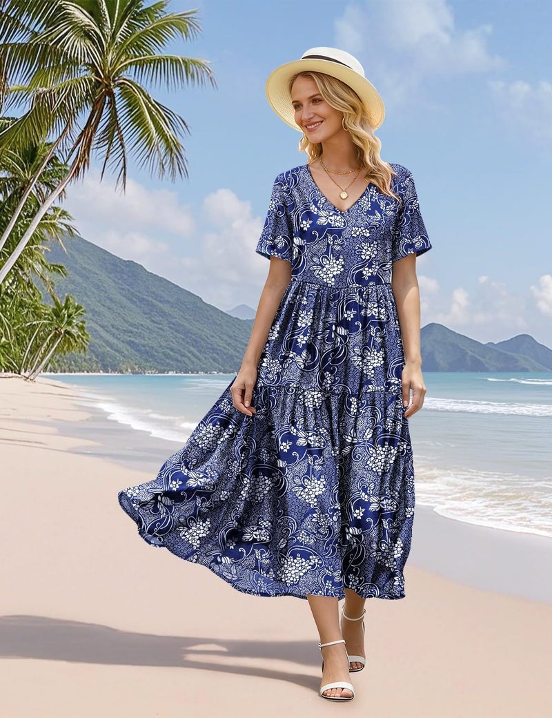 YESNO Women's Summer Maxi Dresses Casual Floral Short Sleeve V Neck Boho Beach Vacation Swing Dress with Pockets XL EVF CR488 - Image 5