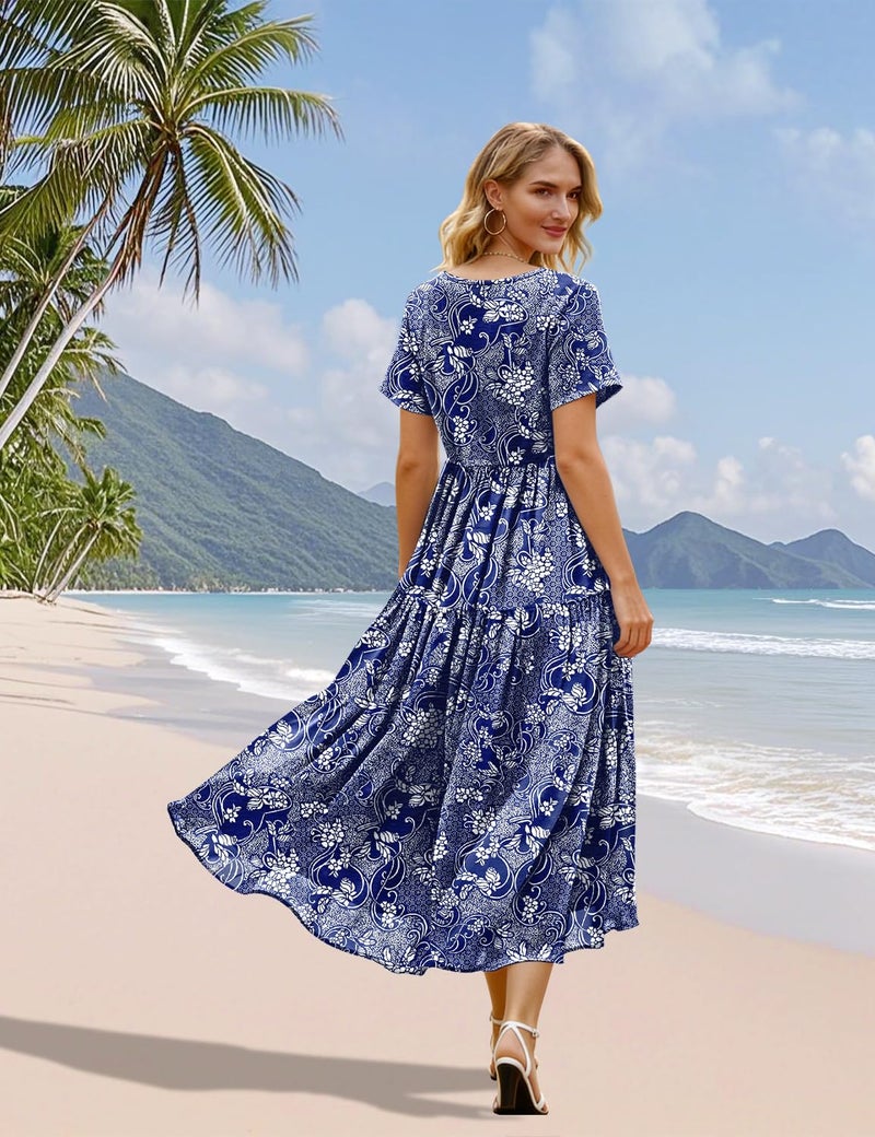 YESNO Women's Summer Maxi Dresses Casual Floral Short Sleeve V Neck Boho Beach Vacation Swing Dress with Pockets XL EVF CR488 - Image 4
