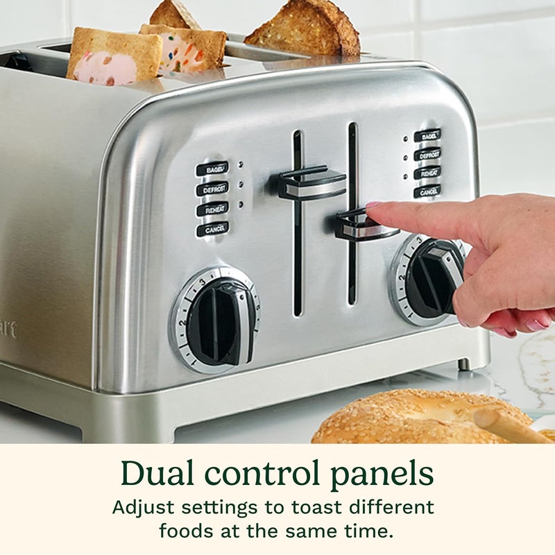 Cuisinart محمصة 4 شريحة، محمصة مدمجة من الفولاذ المقاوم للصدأ مع فتحات عريضة إضافية لتحميص الخبز، التوست الفرنسي، البيغل والمعجنات، وظائف إذابة الجليد وإعادة التسخين، CPT-180P1، فولاذ مقاوم للصدأ مصقول - Image 5