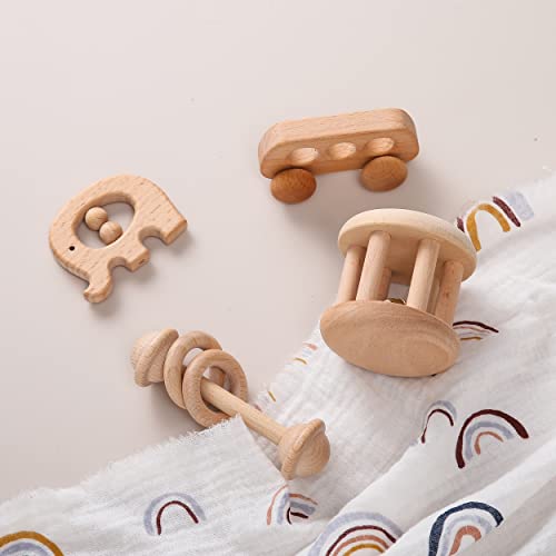 let's make Organic Wooden Baby Rattle Toy Montessori Rattle Roller Waldorf Inspired Grasping Toddler Toys - Image 2