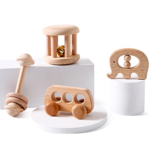 let's make Organic Wooden Baby Rattle Toy Montessori Rattle Roller Waldorf Inspired Grasping Toddler Toys - Image 1