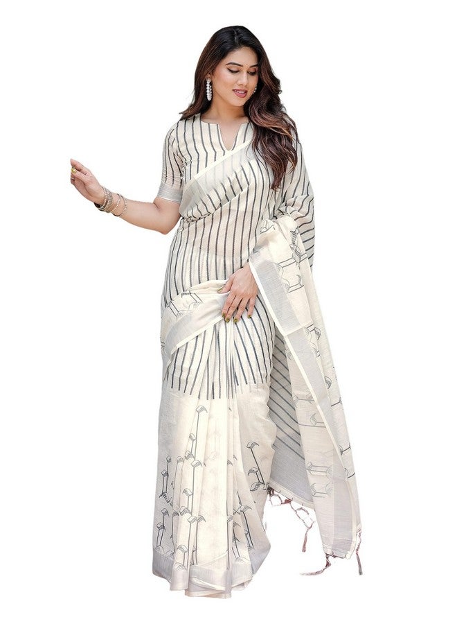 SIRIL ساري قطن لينن مطبوع للنساء من سيريلي مع قطعة بلوزة غير مخيطة (4263S123_أوف وايت) - Image 1