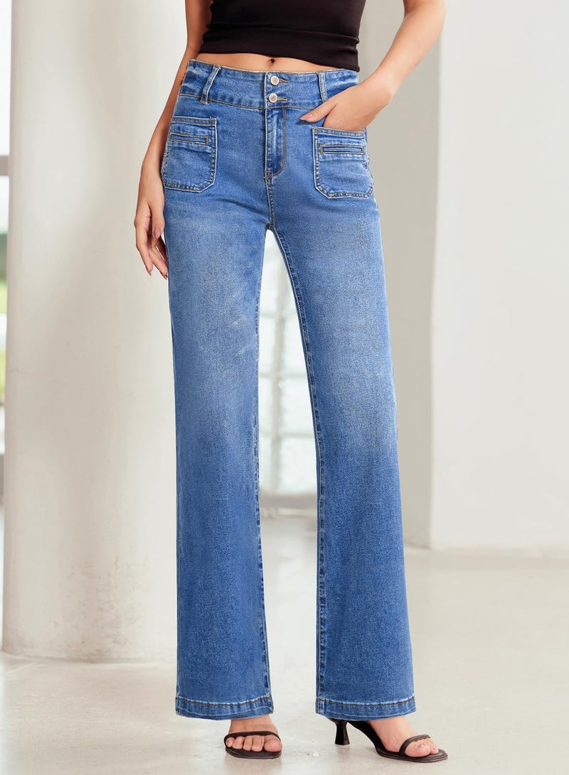 Sidefeel Women's High Waisted Tummy Control Jeans Trendy Wide Leg Stretchy Straight Leg Denim Pants Light Blue Size 6 - Image 5