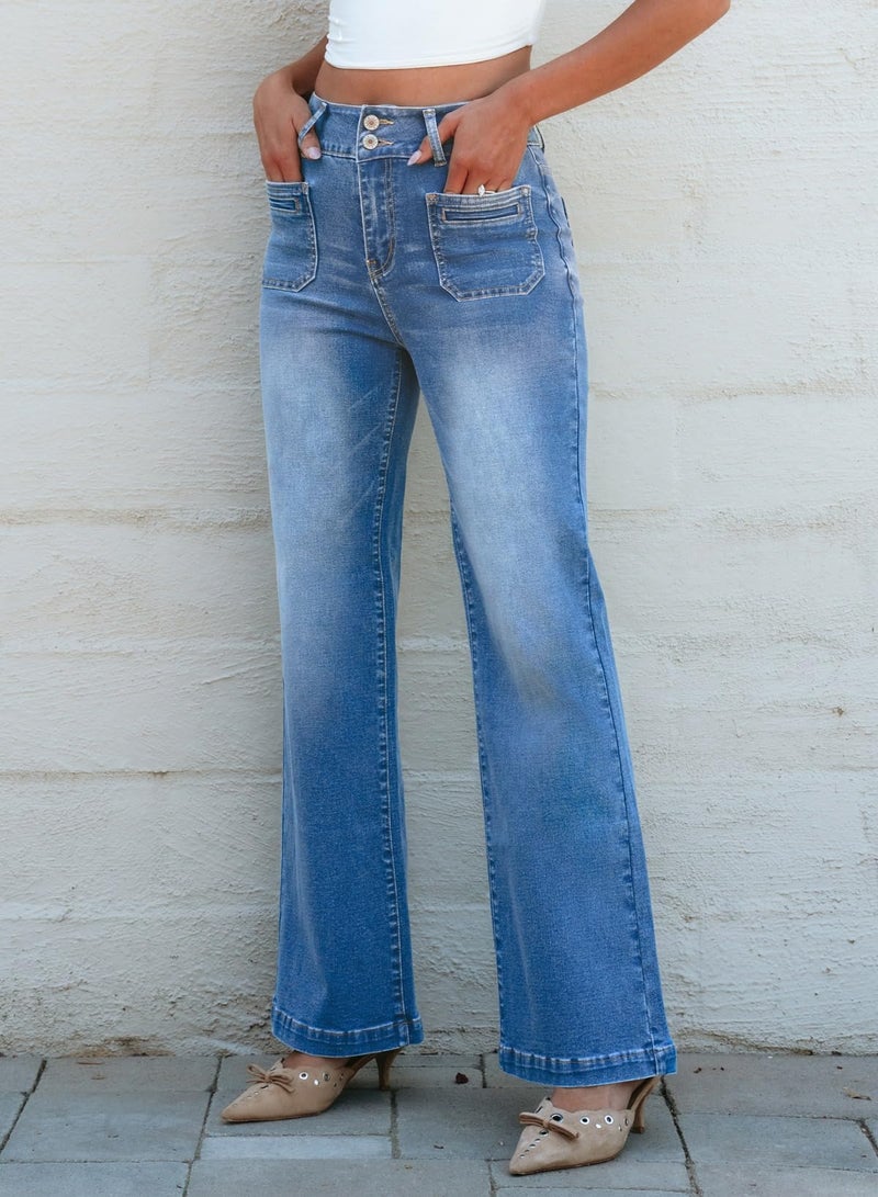 Sidefeel Women's High Waisted Tummy Control Jeans Trendy Wide Leg Stretchy Straight Leg Denim Pants Light Blue Size 6 - Image 3