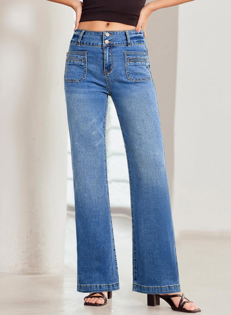 Sidefeel Women's High Waisted Tummy Control Jeans Trendy Wide Leg Stretchy Straight Leg Denim Pants Light Blue Size 6 - Image 4