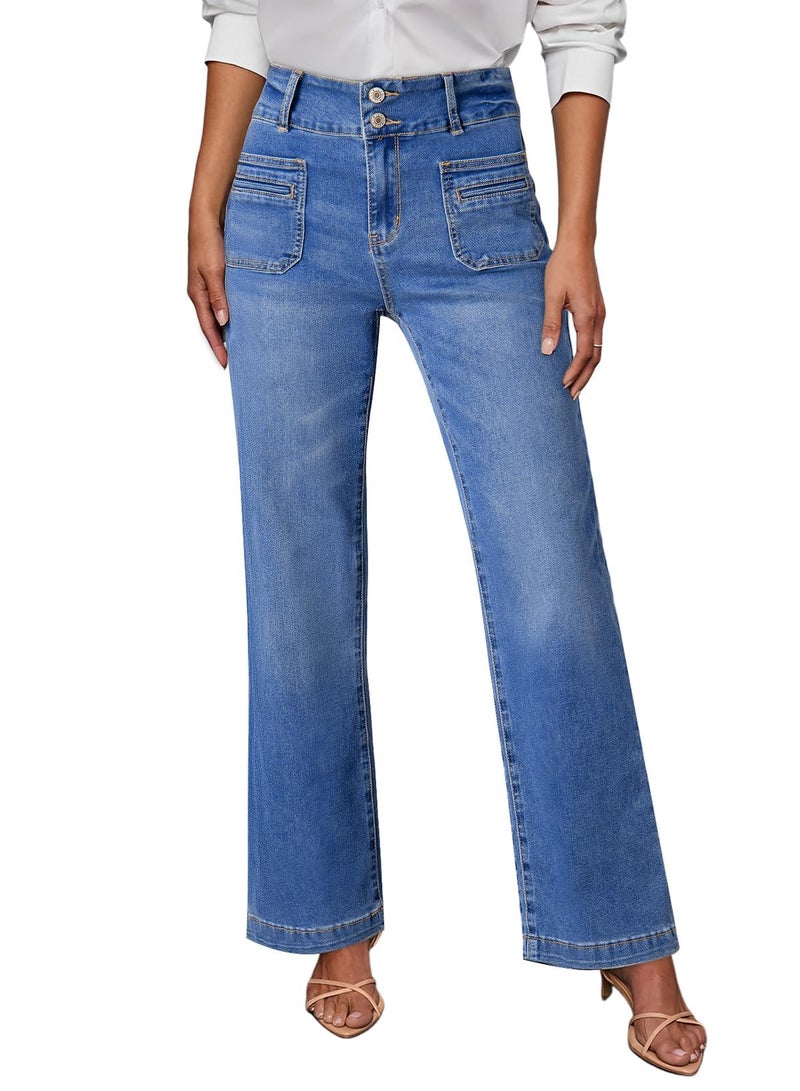 Sidefeel Women's High Waisted Tummy Control Jeans Trendy Wide Leg Stretchy Straight Leg Denim Pants Light Blue Size 6 - Image 1