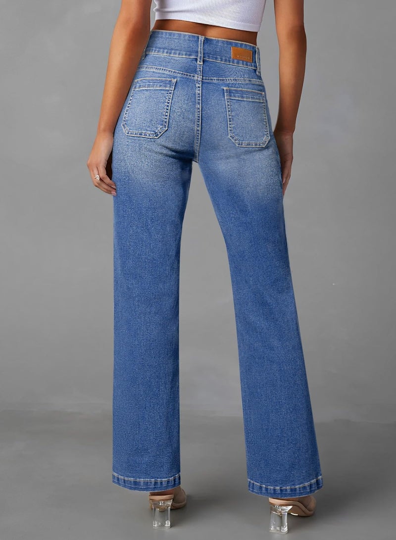 Sidefeel Women's High Waisted Tummy Control Jeans Trendy Wide Leg Stretchy Straight Leg Denim Pants Light Blue Size 6 - Image 2