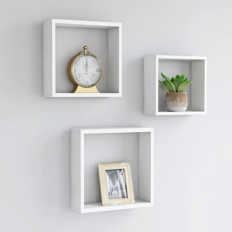 AsolBD FLOATING SHELVES WALL SQUARE CUBE FOR LIVING ROOM BEDROOM, BATHROOM, HOME AND KITCHEN STORAGE, DISPLAY SHELF MOUNTED STORAGE DURABLE STYLISH & VERSATILE SET OF 3 (White, Large 25 CM) - Image 1