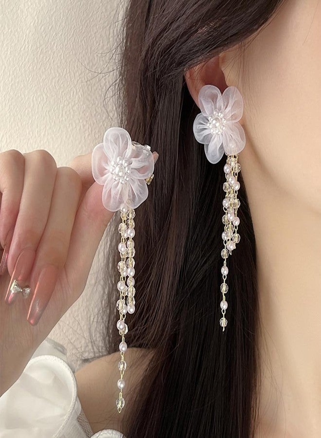FUTIMELY White Floral Earrings,Sweet Fairy Earrings for women,Small Flower Pearl Tassel Earrings Statement Jewelry (Flower) - Image 3