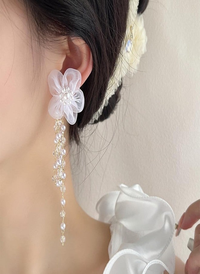 FUTIMELY White Floral Earrings,Sweet Fairy Earrings for women,Small Flower Pearl Tassel Earrings Statement Jewelry (Flower) - Image 2