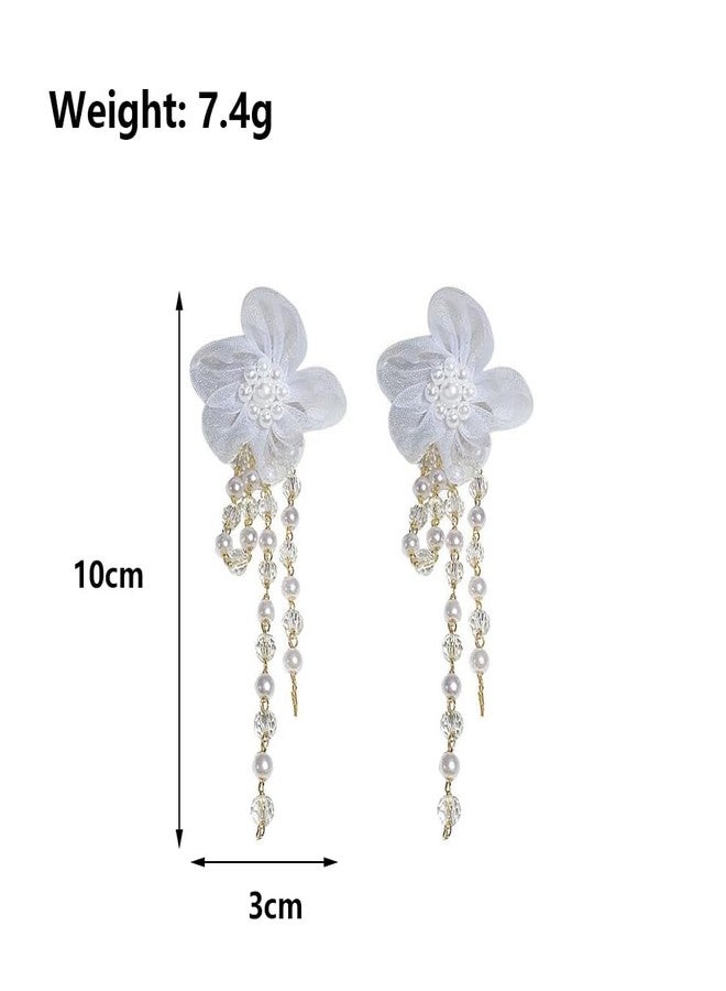 FUTIMELY White Floral Earrings,Sweet Fairy Earrings for women,Small Flower Pearl Tassel Earrings Statement Jewelry (Flower) - Image 4