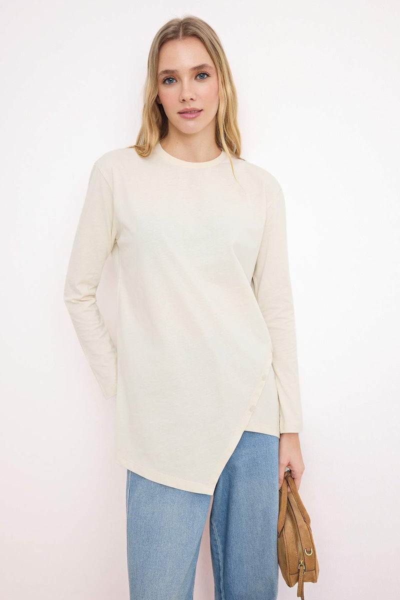 trendyol Beige Regular Single Jersey Plain Knitted Button Detail Tctss26Uk00003 - Image 1