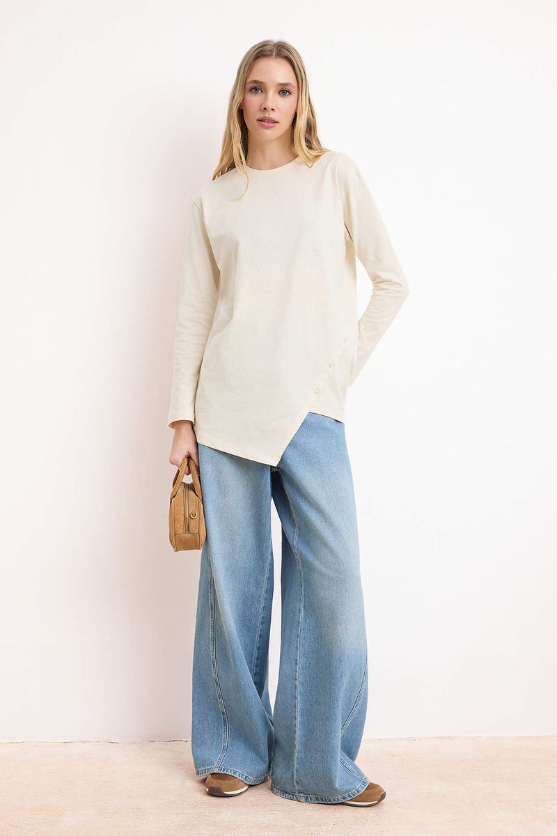 trendyol Beige Regular Single Jersey Plain Knitted Button Detail Tctss26Uk00003 - Image 2