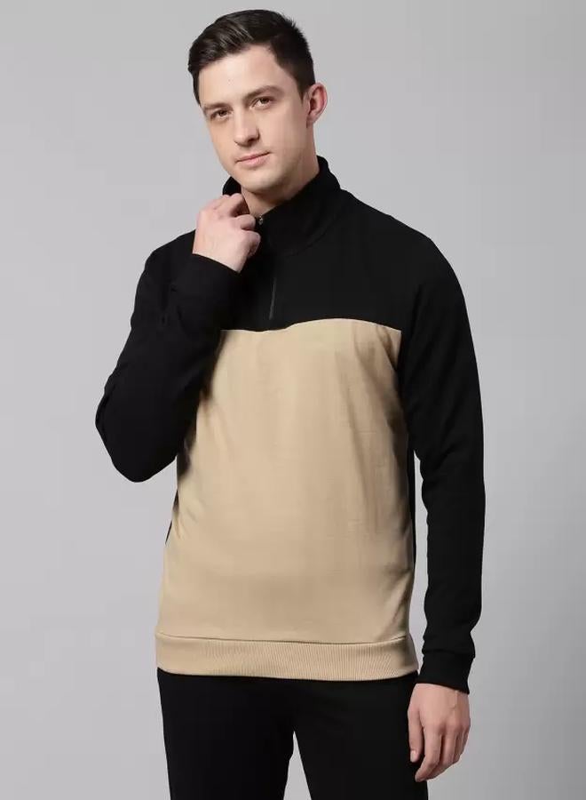 Dennis Lingo Regular Fit Khaki Sweatshirt for Men - Polycotton, Colourblocked, Mock Neck, Full Sleeves, Casual Look  - Image 1