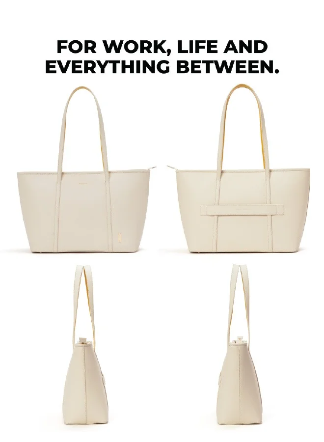 Mokobara The Astrid Minimal Tote Vegan Leather Oversized Black Tote Bag For Women (Oatmilk)