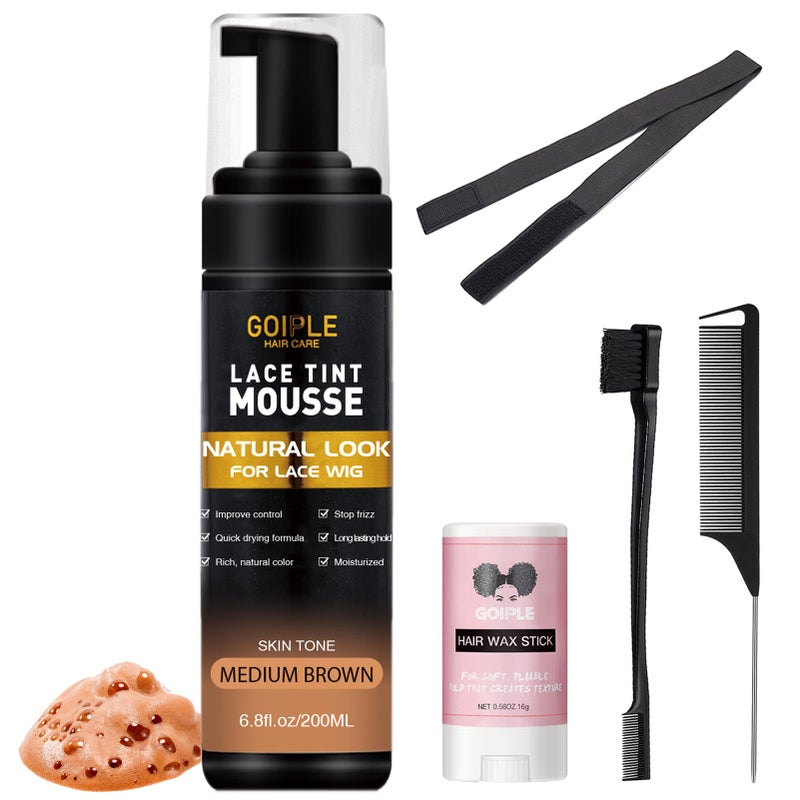 Goiple Lace Tint Melting Hair Mousse, 6.8 fl oz Lace Tint Mousse for Women Hair Wigs Lace Wigs Toupees and Hairpieces Natural Finishing Lace Color, Lace Tint for Wigs Tool Set (Light Brown) - Image 1