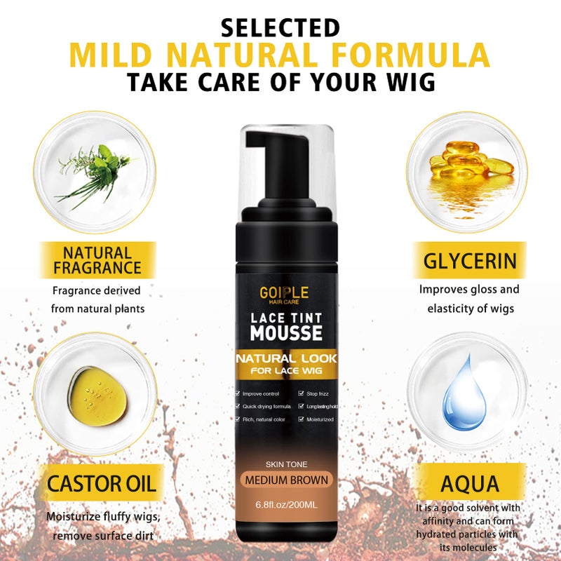 Goiple Lace Tint Melting Hair Mousse, 6.8 fl oz Lace Tint Mousse for Women Hair Wigs Lace Wigs Toupees and Hairpieces Natural Finishing Lace Color, Lace Tint for Wigs Tool Set (Light Brown) - Image 2