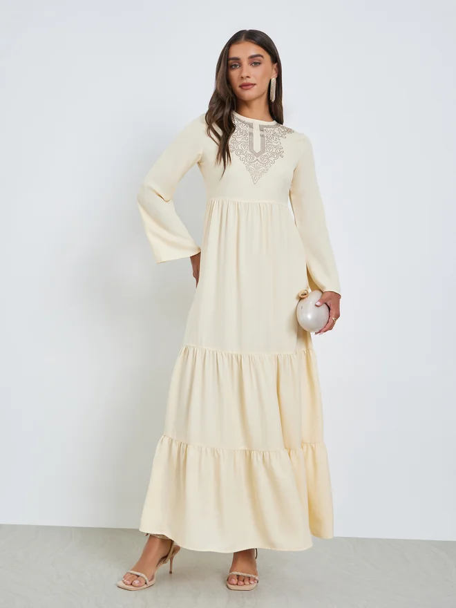 Styli Cream Embellished Yoke Tiered Maxi Dress