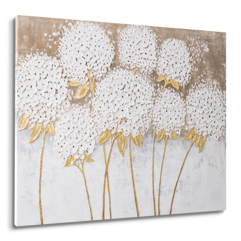 JolyWell White Hydrangea Flower Wall Art, hand-painted Large Canvas Wall Art for Living Room, 3D Textured Oil Painting, Neutral Wall Art decor, Kitchen Bathroom Office Bedroom Wall Art Decor 40" 28" - Image 1