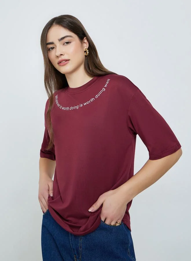 Burgundy Slogan Oversized T-Shirt