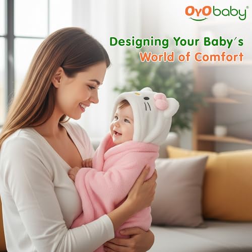 OYO BABY Newborn Baby Blanket & Bath Towel/Bath Robe Combo Pack – 2 Pieces, Fleece (Pink Kitty & Blue Bear), Multi-Use for Babies 0-12 Months - Image 4