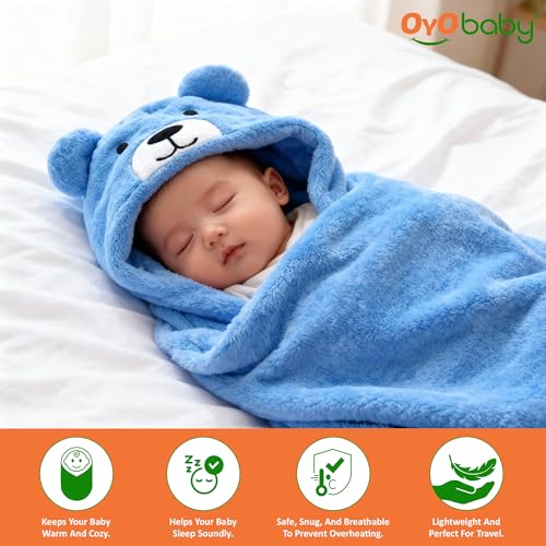 OYO BABY Newborn Baby Blanket & Bath Towel/Bath Robe Combo Pack – 2 Pieces, Fleece (Pink Kitty & Blue Bear), Multi-Use for Babies 0-12 Months - Image 3