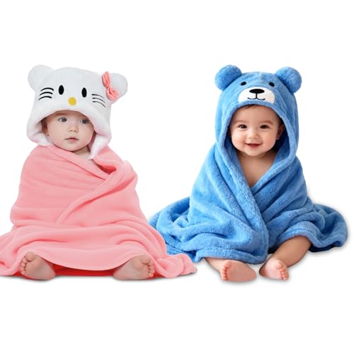 OYO BABY Newborn Baby Blanket & Bath Towel/Bath Robe Combo Pack – 2 Pieces, Fleece (Pink Kitty & Blue Bear), Multi-Use for Babies 0-12 Months - Image 1