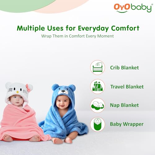 OYO BABY Newborn Baby Blanket & Bath Towel/Bath Robe Combo Pack – 2 Pieces, Fleece (Pink Kitty & Blue Bear), Multi-Use for Babies 0-12 Months - Image 2
