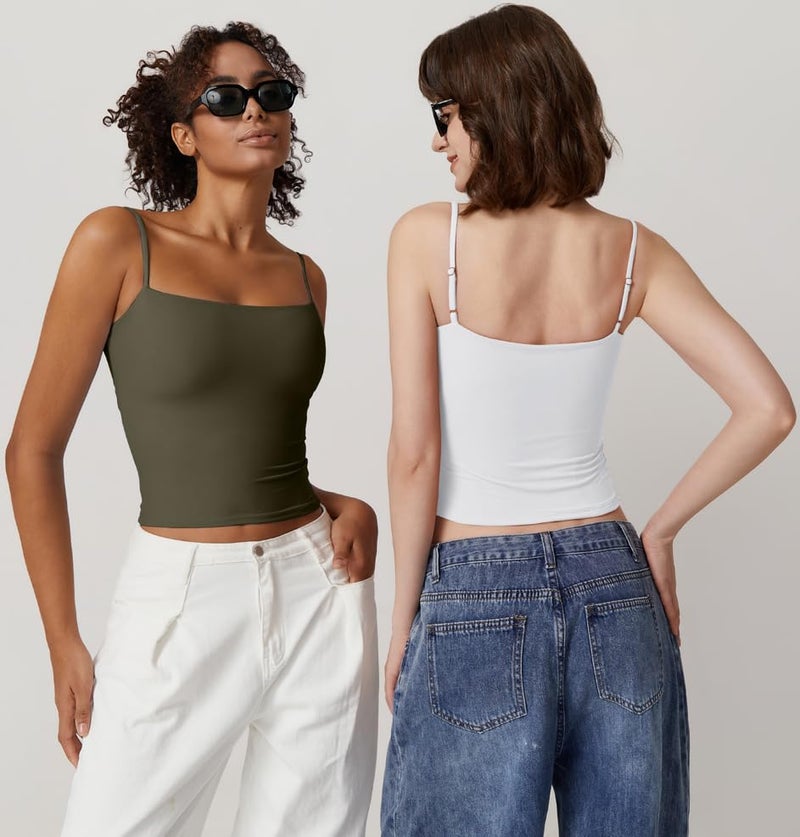 QINSEN Basic Tank Tops for Women Spaghetti Strap Double Lined Slim Fitted Camisole Going Out Tops White M - Image 3
