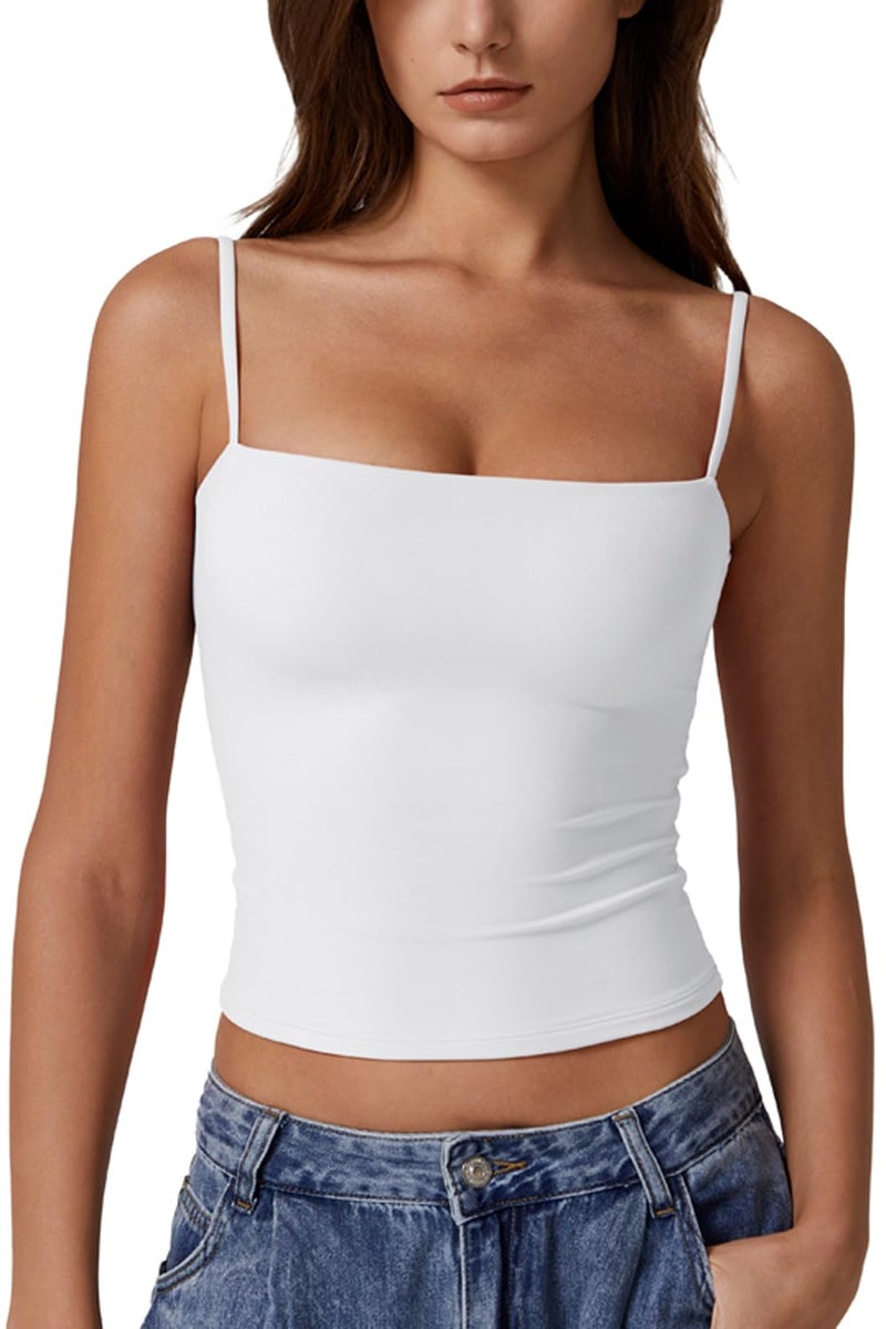 QINSEN Basic Tank Tops for Women Spaghetti Strap Double Lined Slim Fitted Camisole Going Out Tops White M - Image 1