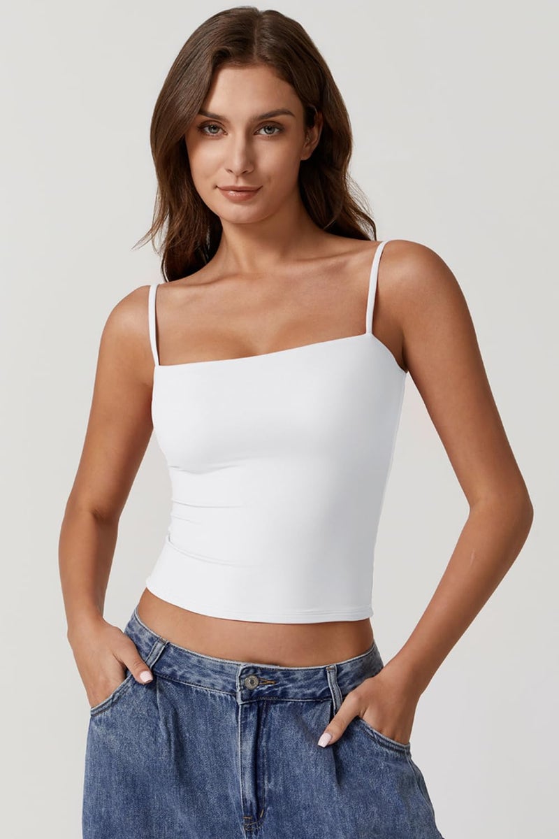 QINSEN Basic Tank Tops for Women Spaghetti Strap Double Lined Slim Fitted Camisole Going Out Tops White M - Image 2