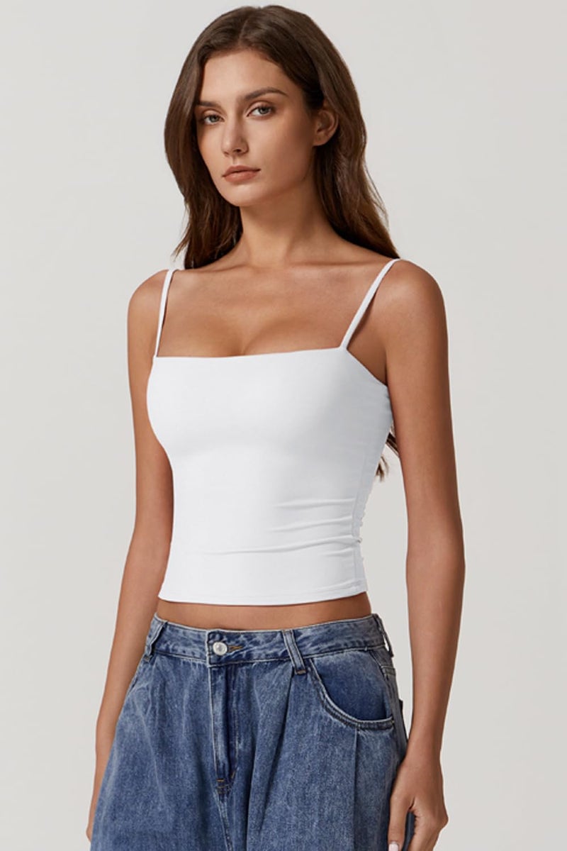 QINSEN Basic Tank Tops for Women Spaghetti Strap Double Lined Slim Fitted Camisole Going Out Tops White M - Image 4