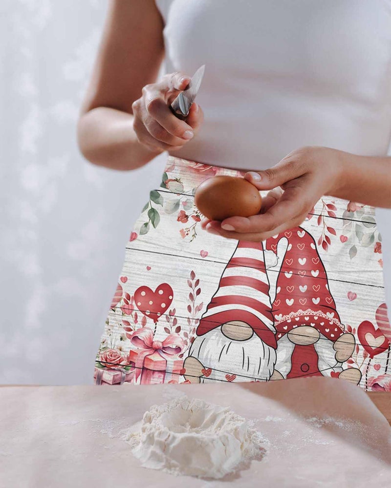 Off White Valentine Waitress Apron with 3 Pockets Roses Leaves Gnomes - Image 3