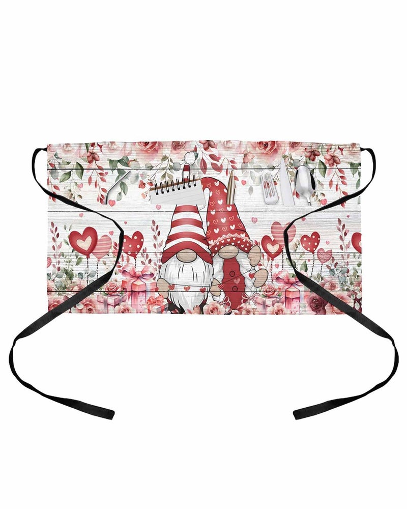 Off White Valentine Waitress Apron with 3 Pockets Roses Leaves Gnomes - Image 2