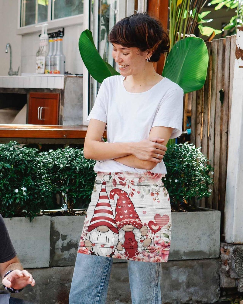 Off White Valentine Waitress Apron with 3 Pockets Roses Leaves Gnomes - Image 5