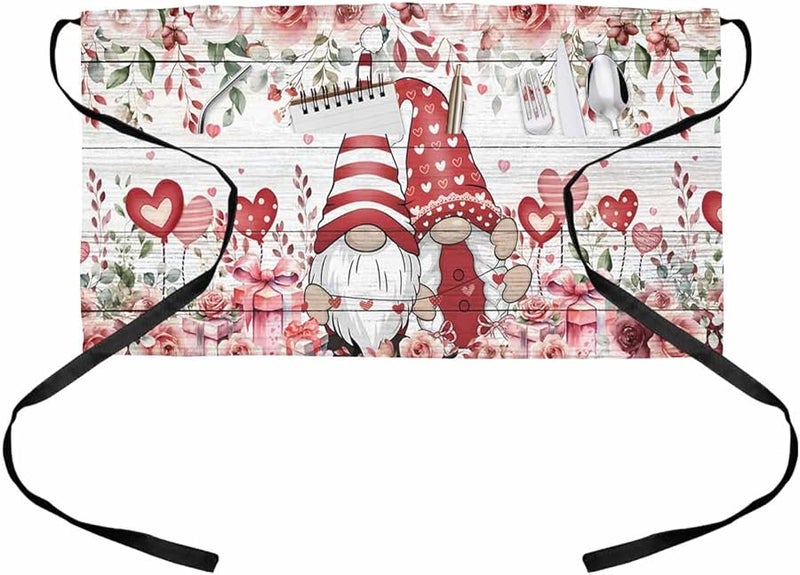Off White Valentine Waitress Apron with 3 Pockets Roses Leaves Gnomes - Image 1