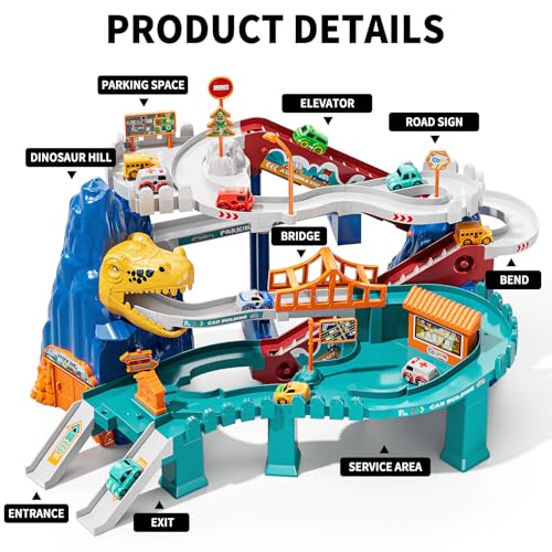 TEMI Boys Dinosaur Race Track Playset, Kids Car Garage Parking Adventure Toy with 10 Mini Cars, Educational Toy Ramp Playset for 3 4 5 7 8 Year Old Toddler Boys Preschool Girls - Image 2