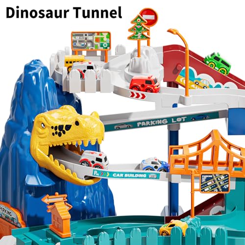TEMI Boys Dinosaur Race Track Playset, Kids Car Garage Parking Adventure Toy with 10 Mini Cars, Educational Toy Ramp Playset for 3 4 5 7 8 Year Old Toddler Boys Preschool Girls - Image 3