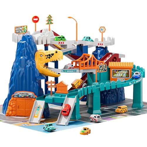 TEMI Boys Dinosaur Race Track Playset, Kids Car Garage Parking Adventure Toy with 10 Mini Cars, Educational Toy Ramp Playset for 3 4 5 7 8 Year Old Toddler Boys Preschool Girls - Image 1