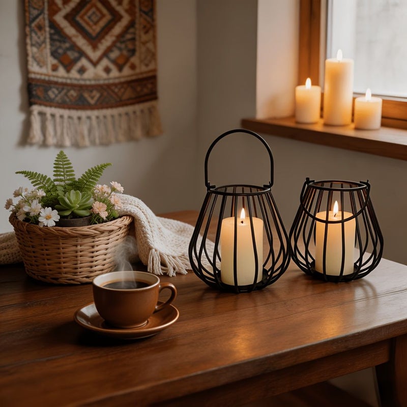 Vintage Black Metal Wire Cage Candle Holder Set For Home Decor - Image 2
