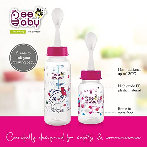 BeeBaby Gentle 2 in 1 Slim Neck Baby Feeding Bottle with Gentle Touch Anti-Colic Silicone Nipple & (Plastic) Feeder Spoon, 8 Months + (Pink, 250 ml). - Image 5