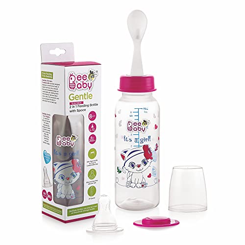 BeeBaby Gentle 2 in 1 Slim Neck Baby Feeding Bottle with Gentle Touch Anti-Colic Silicone Nipple & (Plastic) Feeder Spoon, 8 Months + (Pink, 250 ml). - Image 1