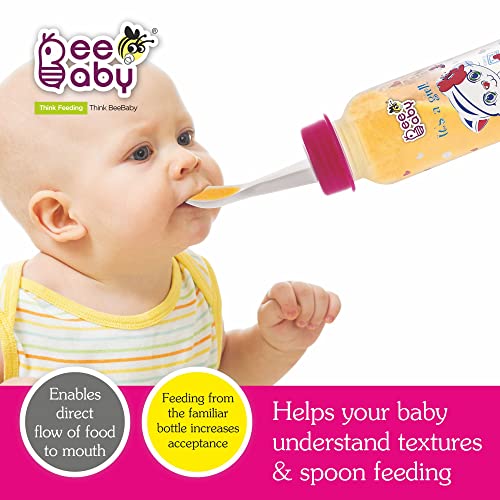BeeBaby Gentle 2 in 1 Slim Neck Baby Feeding Bottle with Gentle Touch Anti-Colic Silicone Nipple & (Plastic) Feeder Spoon, 8 Months + (Pink, 250 ml). - Image 3