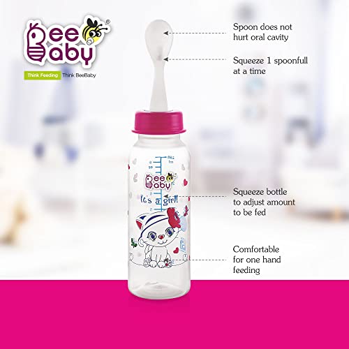 BeeBaby Gentle 2 in 1 Slim Neck Baby Feeding Bottle with Gentle Touch Anti-Colic Silicone Nipple & (Plastic) Feeder Spoon, 8 Months + (Pink, 250 ml). - Image 4