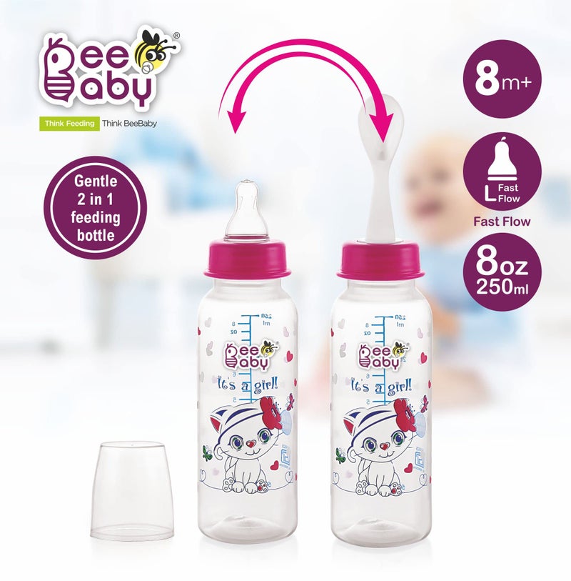 BeeBaby Gentle 2 in 1 Slim Neck Baby Feeding Bottle with Gentle Touch Anti-Colic Silicone Nipple & (Plastic) Feeder Spoon, 8 Months + (Pink, 250 ml). - Image 2