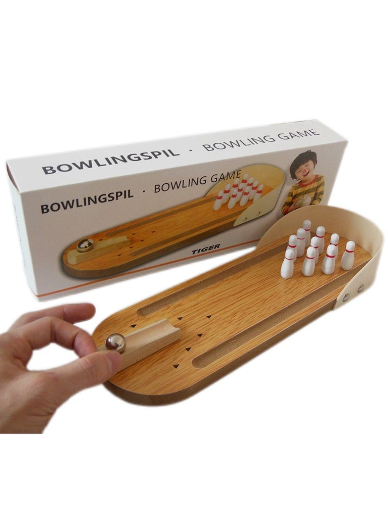 Oak Mini Wooden Compact Desktop Bowling Board Game Playset For Kids, 8+ Years 31x11x8cm - Image 1