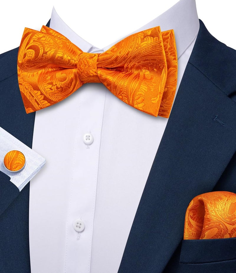 Barry.Wang Store Paisley Striped Bow Tie for Men Silk Pre-Tied Bowtie Pocket Square Cufflinks Set Formal Wedding Party Prom - Image 2