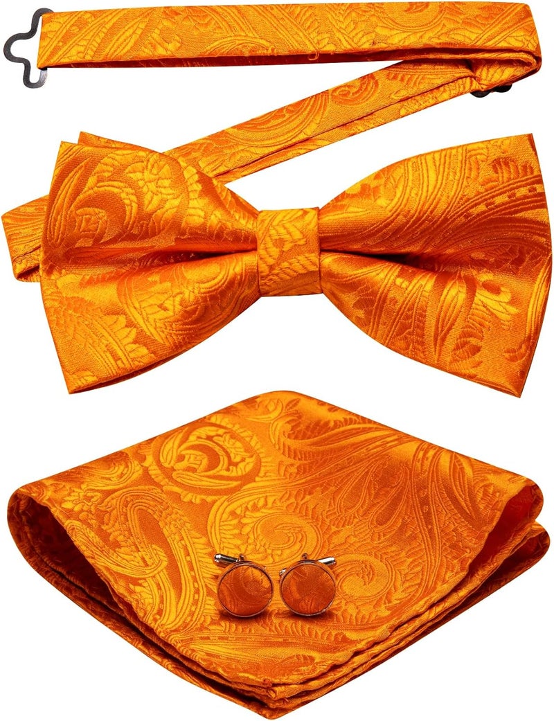 Barry.Wang Store Paisley Striped Bow Tie for Men Silk Pre-Tied Bowtie Pocket Square Cufflinks Set Formal Wedding Party Prom - Image 3